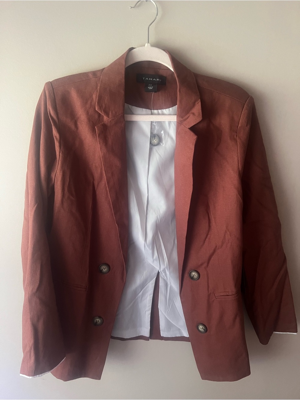 Tahari Women's Rust Brown Double-Button Blazer Linen Blend